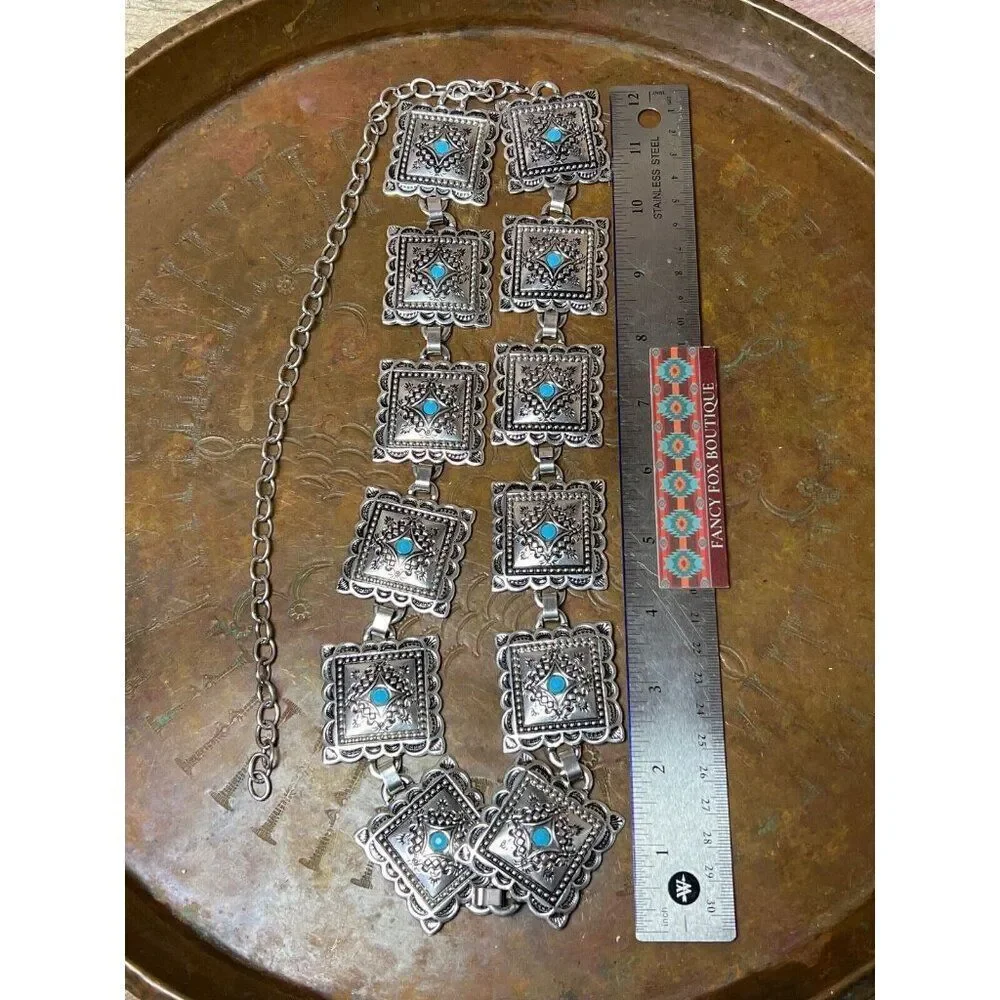 Concho Southwest Silver Unisex Chain belt adjustable to 52” Faux Turquoise new - Picture 8 of 10